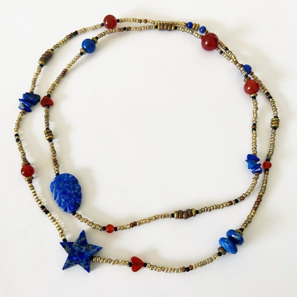 Lapis and Carnelian carved stone seed bead necklace 30”